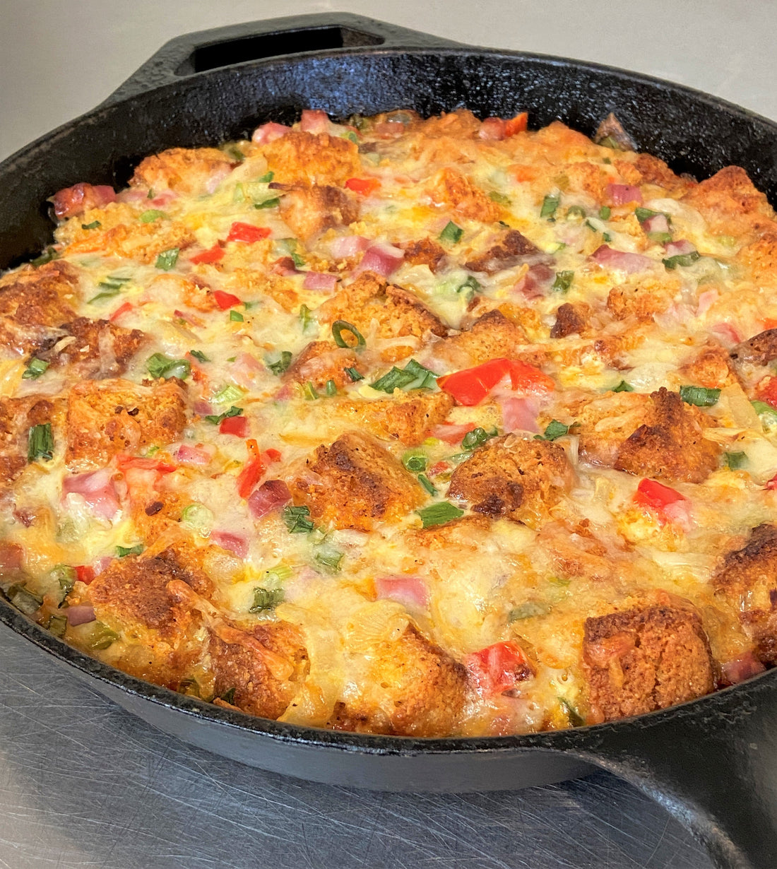 Ham, Veggie, & Cornbread Breakfast Strata (using our Maple Cornbread Mix)